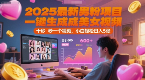 2025最新男粉项目，一键生成美女视频，日引600+色粉 十秒一个视频，小白轻松日入5张【揭秘】-小白网创