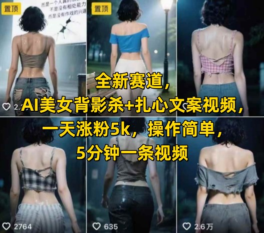 全新赛道，AI美女背影杀+扎心文案视频，一天涨粉5k，操作简单，5分钟一条视频-小白网创