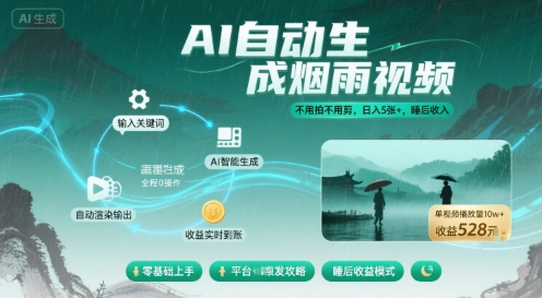 不用拍不用剪！AI自动生成烟雨视频，日入5张+，睡后收入-小白网创