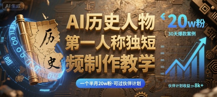 最新AI历史人物第一人称独白短视频制作教学，一个半月20w粉，可过伙伴计划-源码天堂