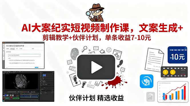 AI大案纪实短视频制作课，文案生成+剪辑教学+伙伴计划，单条收益7-10元-源码天堂