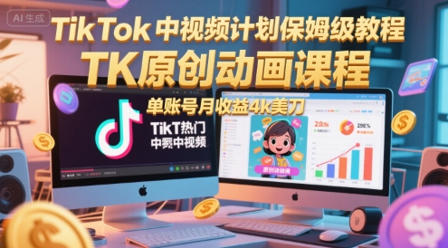 TikTok中视频计划保姆级教程，TK原创动画课程，单账号月收益4k美刀-小白网创