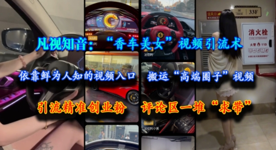 凡视知音：“香车美女”视频引流术，依靠鲜为人知的视频入口，搬运“高端圈子”视频，引流精准创业粉，评论区一堆“求带”-小白网创