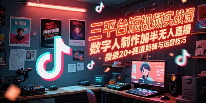 三平台短视频实战课，数字人制作加半无人直播，覆盖20+赛道剪辑与运营技巧-小白网创