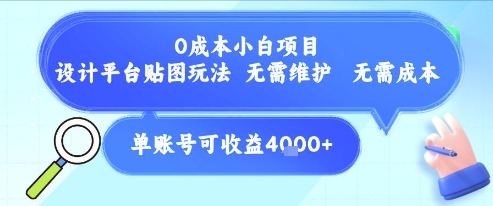 0成本小白项目，设计平台贴图玩法，无需维护，无需成本，单账号单月可产生收益4k+-小白网创